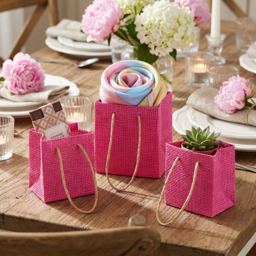 Gift bags with handles paper pink yellow green textile look 10.5cm 12pcs | Floristik24.co.uk