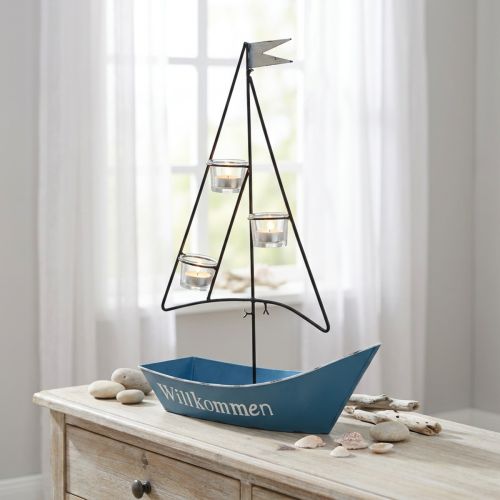 Maritime tealight holder Metal ship Nautical summer decoration Blue 38x14x55cm | Floristik24.co.uk