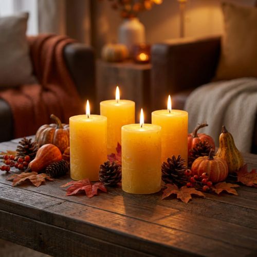 Yellow Rustic Pillar Candles 80x110mm 4-pack Safe Candle - Burning time 57h, RAL quality | Floristik24.co.uk