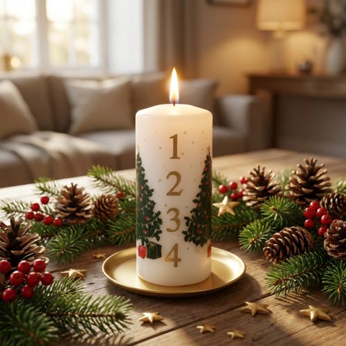 Advent calendar candle, Christmas pillar candle, white, 150/65mm, with numbers and Christmas tree | Floristik24.co.uk