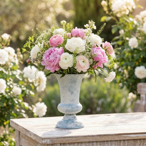 Antique white and blue chalice-shaped flower vase, Ø17cm H24cm | Floristik24.co.uk