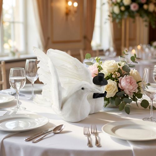 Wedding decoration bird bride and groom, white flocked with glitter and feathers, 32cm - Romantic table decoration dove pair | Floristik24.co.uk