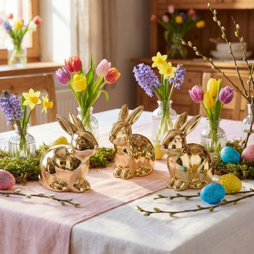 Ceramic rabbits gold rabbit sitting metal look 8.5cm 3pcs | Floristik24.co.uk