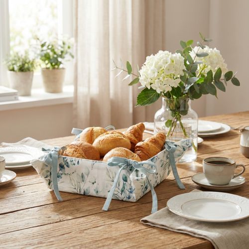 Bread basket, fabric, eucalyptus, storage container, white, green, cotton, decoration, 20x20x7cm | Floristik24.co.uk