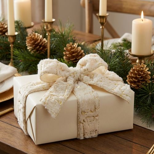 Product Decorative ribbon with fur, cream and gold faux fur, 25mm wide, 15m long