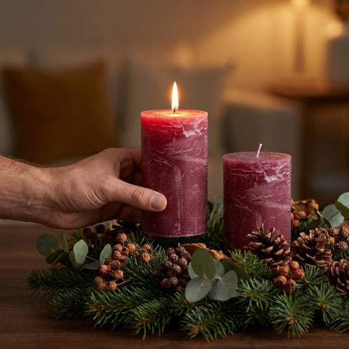 Red pillar candles, berry color, dyed throughout, decorative candles 85×150mm, set of 2, versatile | Floristik24.co.uk
