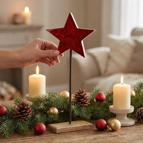 Star decoration natural red with stick on base 20x9.5x50cm | Floristik24.co.uk