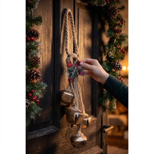 Product Large gold Christmas bells with bow and fir branches, festive door and room decoration, 51cm