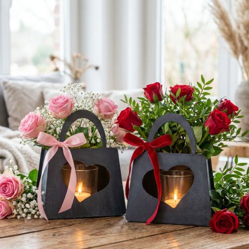 Product Lantern Metal Decoration Bag with Heart Anthracite H18cm 2pcs
