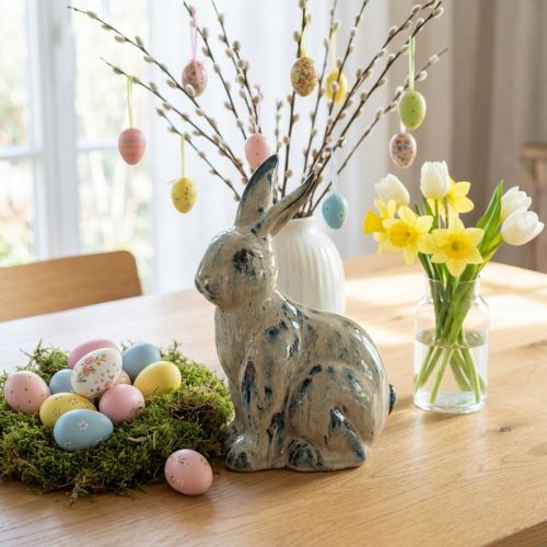 Easter Bunny Ceramic Beige Blue Glazed 18x11x25.5cm | Floristik24.co.uk