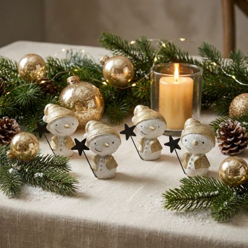 Decoration figure snowman white/gold 7.5cm 4pcs | Floristik24.co.uk