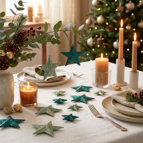 Glitter star set decorative hangers and scatter decoration emerald, light green 9cm/5cm 18 pcs | Floristik24.co.uk