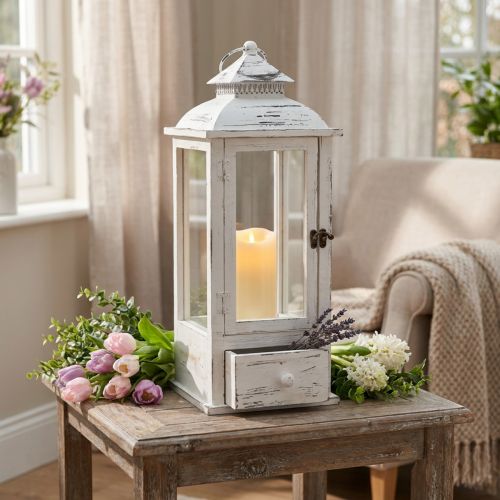 Decorative lantern vintage with drawer white 20×20cm H51cm | Floristik24.co.uk