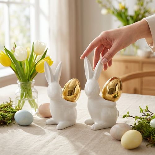 Rabbits with gold egg, ceramic rabbits for Easter noble white, golden H13cm 2pcs | Floristik24.co.uk