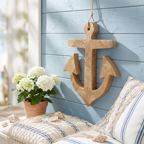 Hanging Anchor Mango Wood Nautical Hanger Natural H24.5cm | Floristik24.co.uk