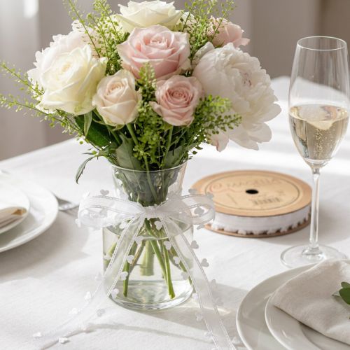 Product White Decorative Ribbon with Heart Motif, 20mm x 15m, Polyester