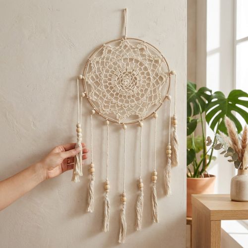 Macrame Dreamcatcher Wall Hanging Boho Chic Wall Decor Handmade Cream Ø22cm H54cm | Floristik24.co.uk