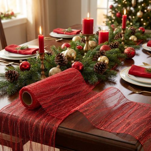 Table Ribbon Red with Gold 26cm x 300cm | Floristik24.co.uk