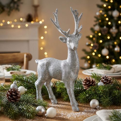 Deco figure deer silver glitter 25cm x 12cm | Floristik24.co.uk
