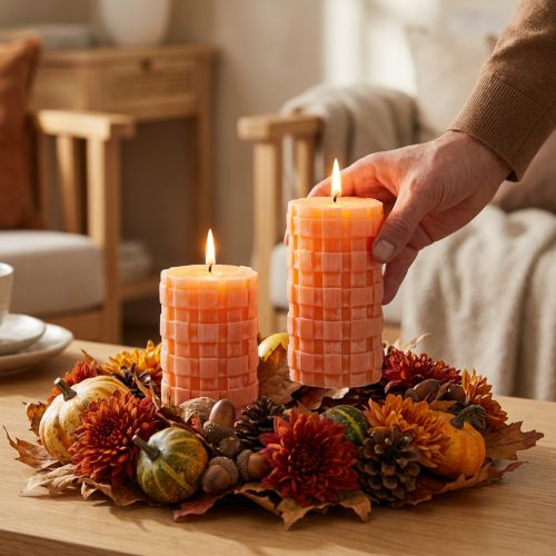 Rustic pillar candles orange with basket weave pattern 110/65 – 2-pack premium wax candles, self-extinguishing | Floristik24.co.uk