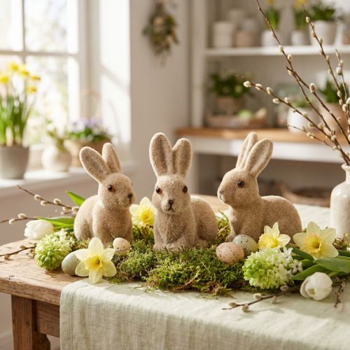 Decorative Flocked Sitting Easter Bunnies – 2nd Choice – Spring 10cm 6 pcs | Floristik24.co.uk