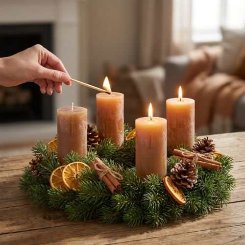 Solid-color pillar candles, caramel, 50x100mm, set of 4, long burning | Floristik24.co.uk