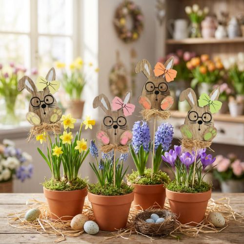 Product Flower Plug Wooden Easter Plug Rabbit with Glasses 8.5cm 12 pcs