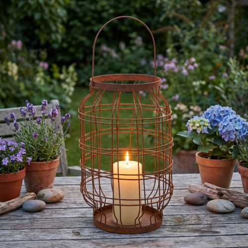 Garden lantern, metal, rusted finish, handle, vintage, Ø19.5cm | Floristik24.co.uk