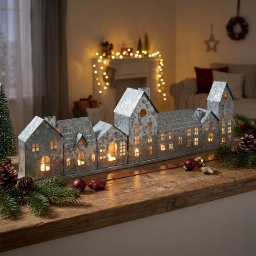 Product Metal House Row with Tealight Holders, Silver, 68 cm, Advent Decoration