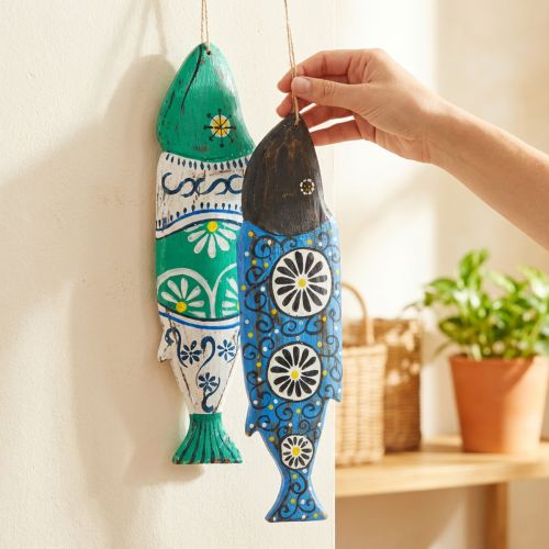 Colorful fish wooden decoration for hanging blue and green 38cm 2 pieces | Floristik24.co.uk