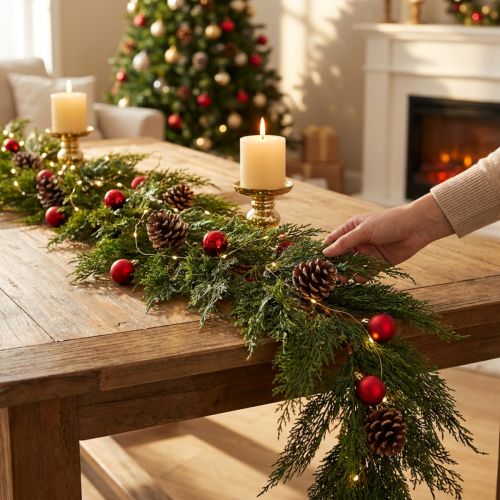 Green Thuja fir garland with fruit, decorative hanging ornament, Christmas decoration, festive artificial garland, 175cm long | Floristik24.co.uk