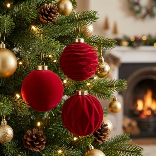 Product Set of 12 Velvet Christmas Baubles Bordeaux Red 8cm