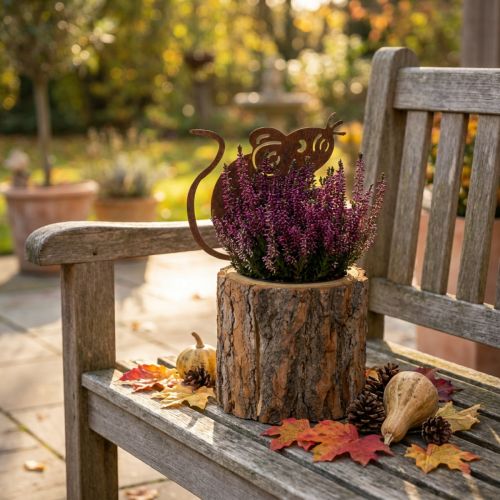 Product Wooden Plant Pot with Bark and Rusty Metal Mouse, 24cm