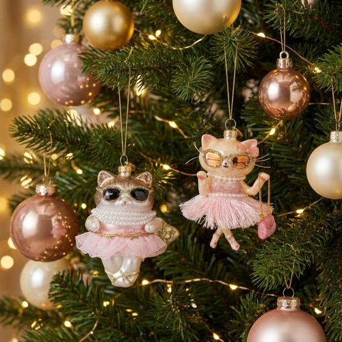 Cat glass ornaments with tutu as Christmas tree decorations 11cm 2pcs | Floristik24.co.uk