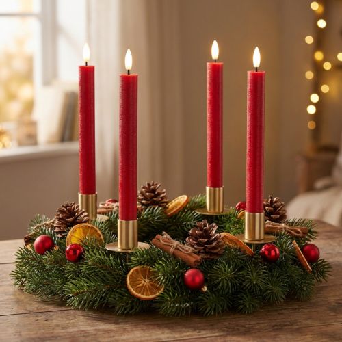 Product Red Real Wax LED Taper Candles, 24 cm, Warm White Light, Set of 2