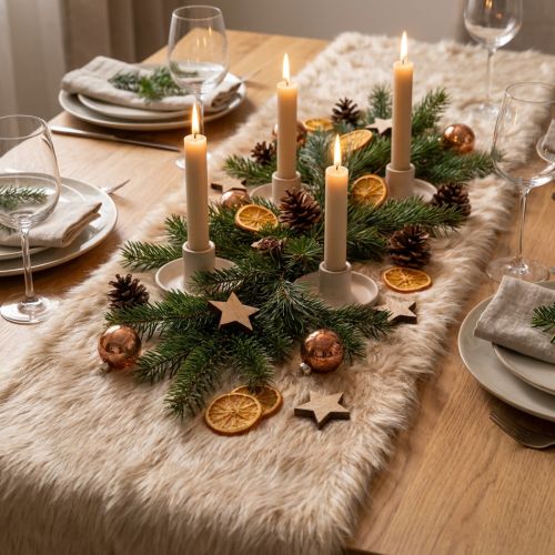 Product Beige Faux Fur Table Runner, 24 x 140 cm