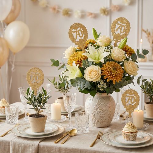 Product Gold Cardboard 70 Anniversary Picks, 12 cm, 10 Pack for Floral Displays