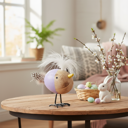 Product Decorative wooden bird with feathers and colorful body for table decoration, 10cm, 6 pieces