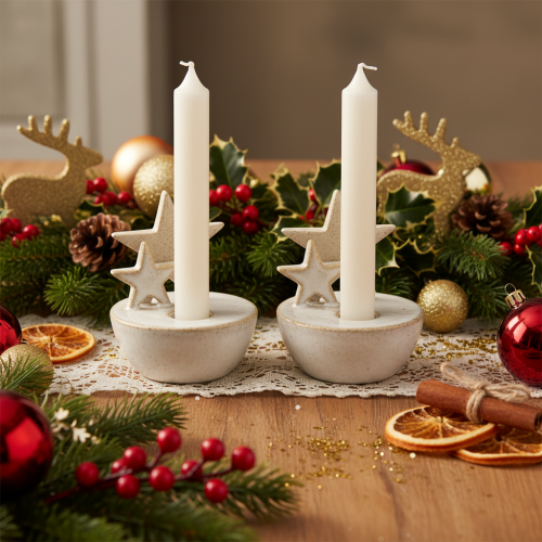 Ceramic Star Candle Holders White 11cm Set of 2 Indoor Christmas Decoration | Floristik24.co.uk