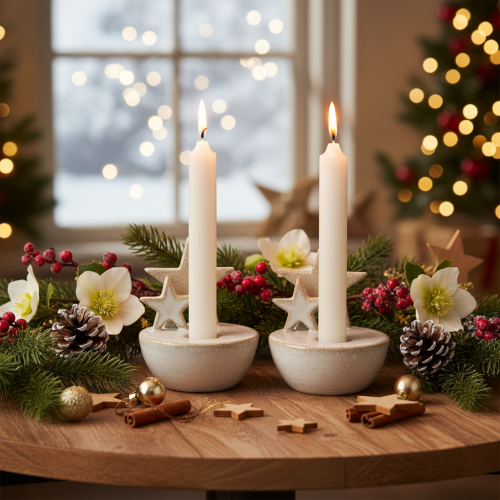 Ceramic Star Candle Holders White 11cm Set of 2 Indoor Christmas Decoration | Floristik24.co.uk
