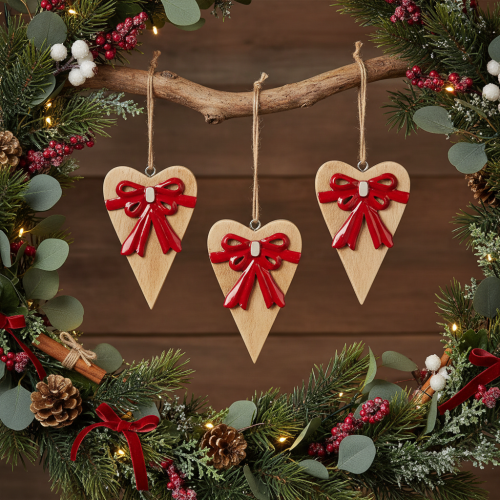Wooden heart with bow, hanging heart, 14cm, 3 pieces | Floristik24.co.uk