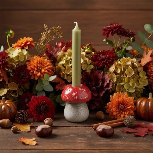 Mushroom Taper Candle Holder in Ceramic, 9cm, Red and White | Floristik24.co.uk