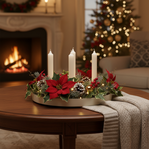 Product Round Wooden Candle Tray for Four Taper Candles - 30cm