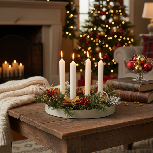 Candle Holder for Four Taper Candles Round Wooden Tray 25cm | Floristik24.co.uk