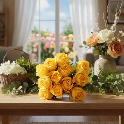 Product Artificial Yellow Long-Stem Roses Set of 12, 62cm, Silk & Plastic for Indoor Decoration