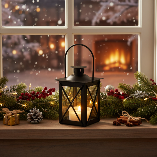 Product Black Metal Lantern with Handle for Tealights 16cm Set of 2