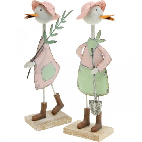 Stork with shovel, metal bird with branch, decorative bird, garden figure, metal decoration H26/28cm set of 2