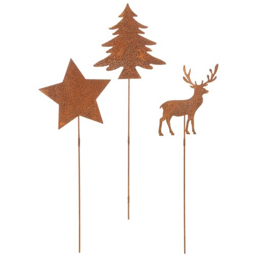Garden stake, weathered steel, deer, star, fir tree, H10/15cm, 3 pieces | Floristik24.co.uk