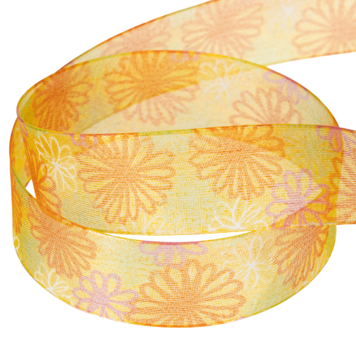 Product Gift ribbon, floral organza ribbon, yellow/orange, 25mm x 18m