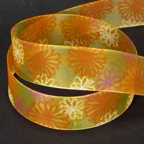 Product Gift ribbon, floral organza ribbon, yellow/orange, 25mm x 18m